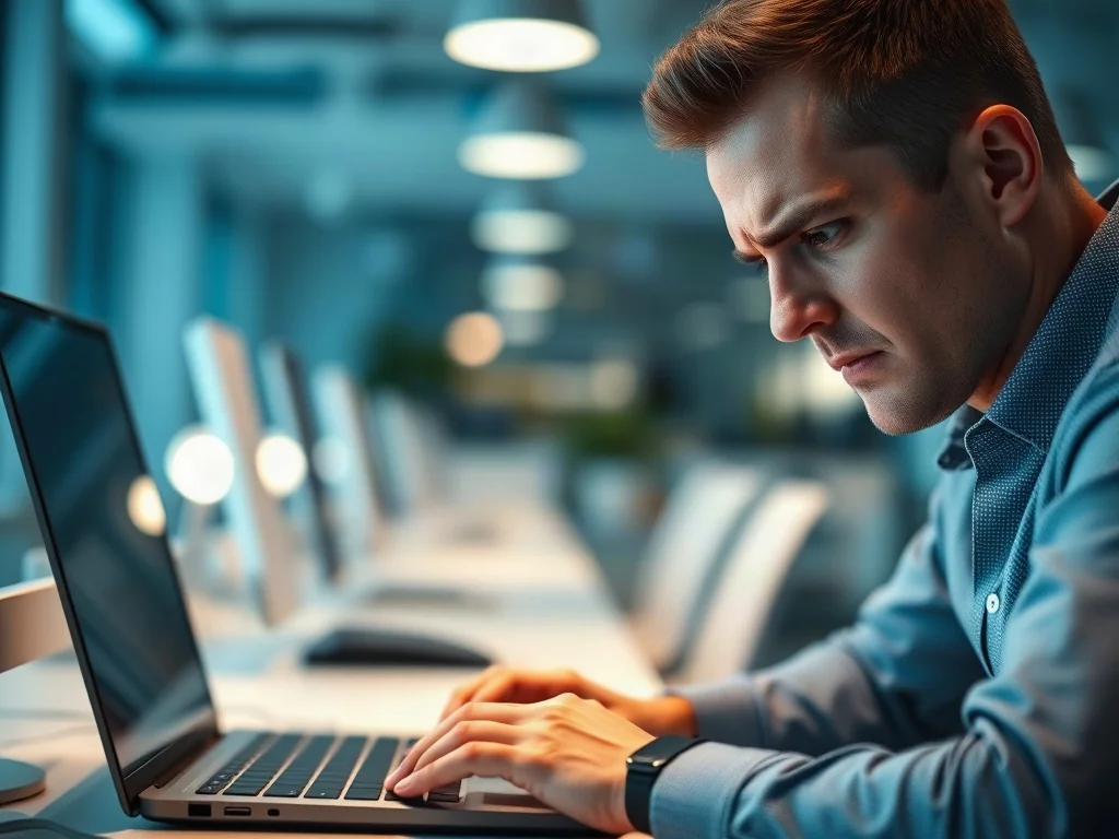 Zestresowany mężczyzna pracujący przy laptopie w nowoczesnym biurze, ilustrujący problem z wysłaną wiadomością e-mail.