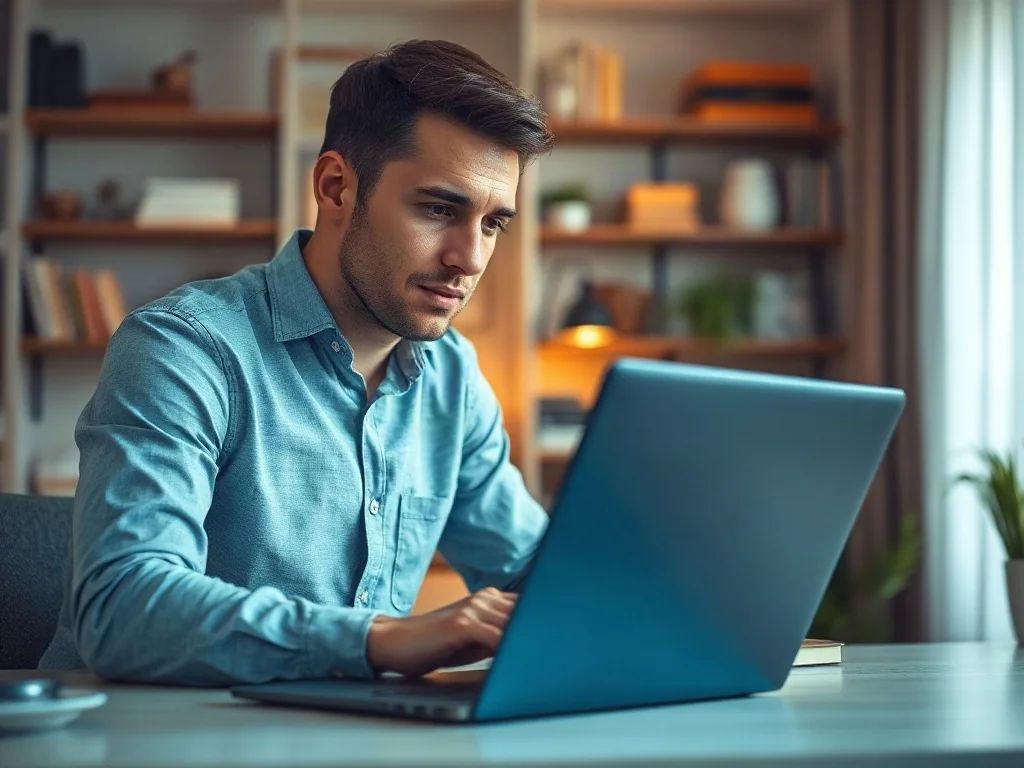 Mężczyzna pracujący przy laptopie z wyświetlonym interfejsem instalacji systemu operacyjnego w nowoczesnym biurze.
