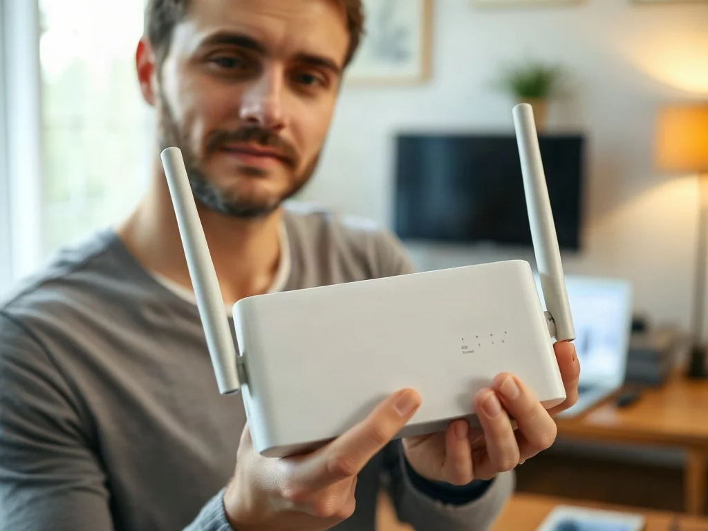 Mężczyzna trzymający router, wskazujący na etykietę z danymi sieciowymi na tylnej obudowie urządzenia.