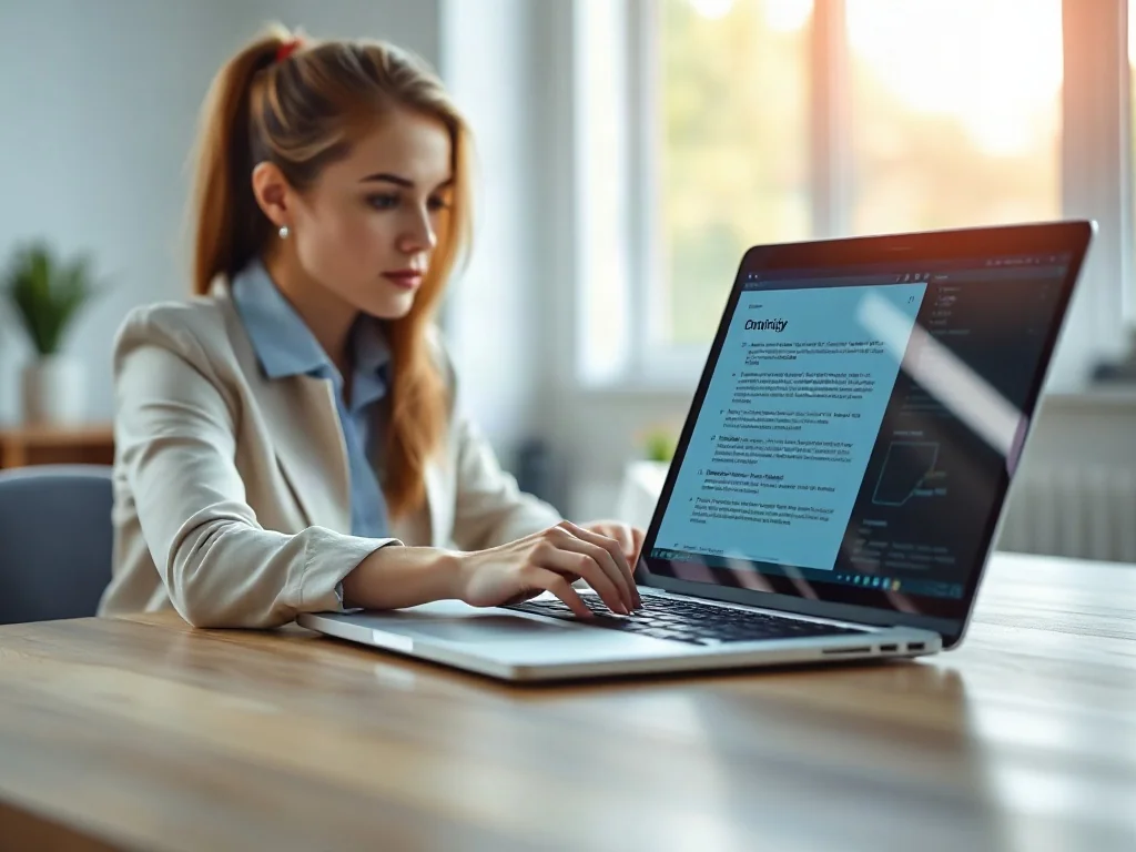 Kobieta pracująca przy laptopie w nowoczesnym biurze, edytująca dokument w profesjonalnym środowisku.