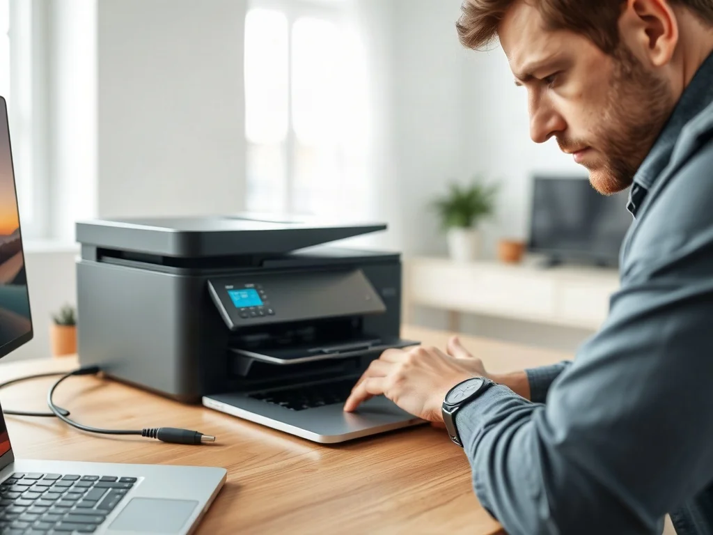 Mężczyzna konfiguruje nowoczesną drukarkę podłączoną do laptopa na biurku w domowym biurze.