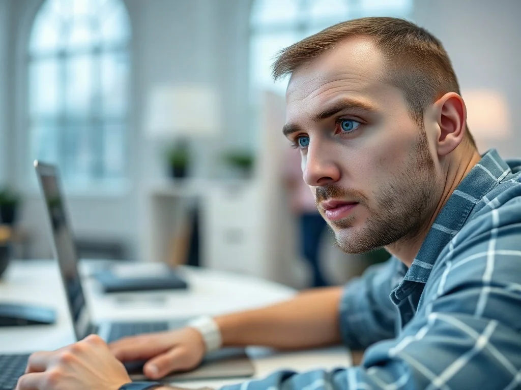 Mężczyzna przy laptopie z paskiem postępu aktualizacji systemu na ekranie, pracujący w nowoczesnym biurze domowym.
