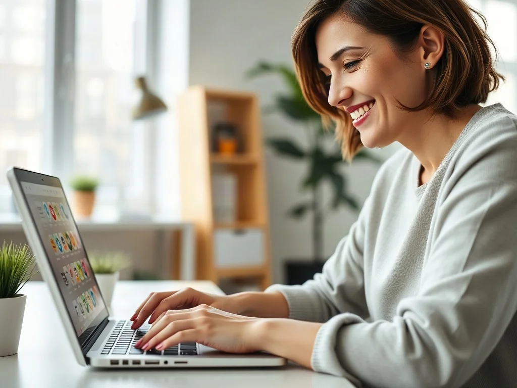 Kobieta uśmiecha się podczas pracy na laptopie, na którego ekranie widoczne są kolorowe emotikony i ikony mediów społecznościowych.