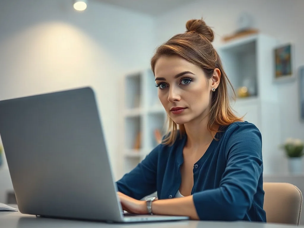 Kobieta skupiona na pracy przy laptopie w nowoczesnym biurze, symbolizująca efektywną edycję tekstu na komputerze.