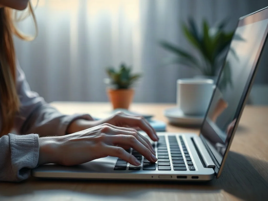 Dłonie kobiety piszące na klawiaturze nowoczesnego laptopa w jasnym, domowym biurze.