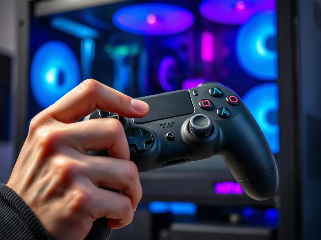 Mężczyzna trzyma bezprzewodowy kontroler Xbox na tle stanowiska gamingowego z podświetleniem LED.
