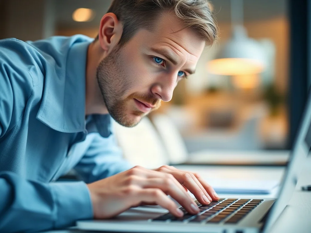 Mężczyzna pracujący przy laptopie w biurze, skupiony na pisaniu na klawiaturze.